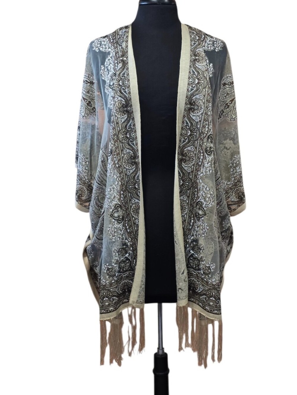 Boho Chic Kokomo OS Velvet Burnout Kimono Paisley Fringe Open-Front Cardigan
